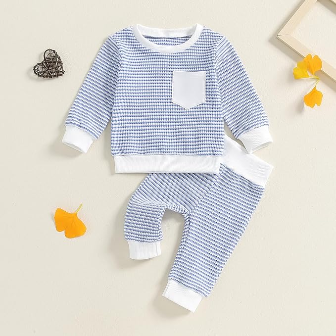 Baby Boy Toddler Fall Outfit Striped Sweatshirt Toddler Boy Winter Waffle Clothes 3 6 12 18 Months 2 3 T Pant Set