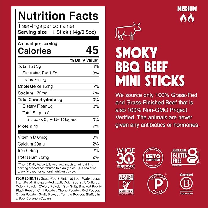 Chomps Snack Size Grass-Fed and Finished Smoky BBQ Beef Jerky Snack Sticks 0.5oz 24-Pack - Keto, Paleo, Whole30, 4g Lean Meat Protein, Gluten-Free, Zero Sugar Food, Non-GMO Chomplings