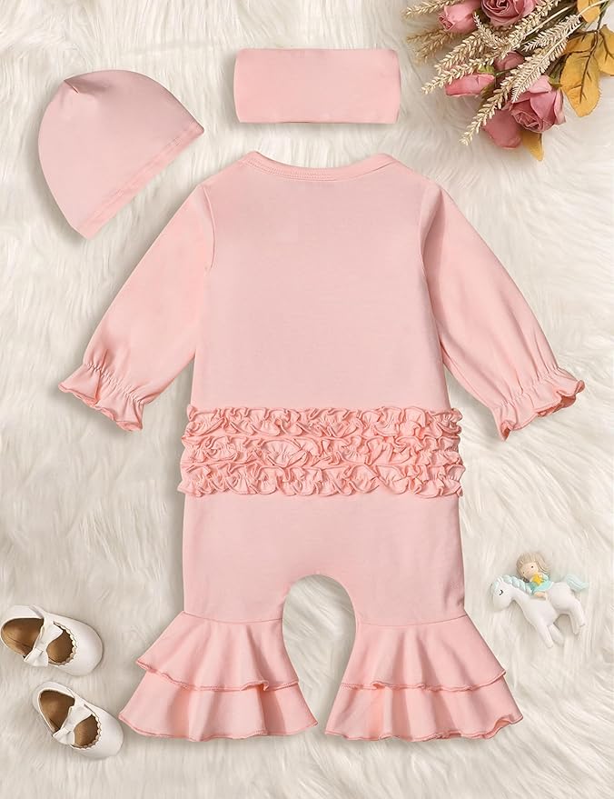 AGAPENG Newborn Girl Clothes Ruffle Letter Print Romper Infant Bell Bottom Jumpsuit Boho Baby Girl Clothes with Headband Hat