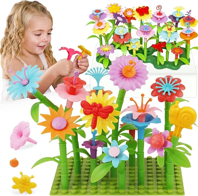 3-6 Years Old Toddler Toys - Flower Garden Building Toy with Insect Pegs, Educational Activity Gifts for Girls Preschool-Kindergarten, 153Pcs STEM Stacking Pretend Play Set