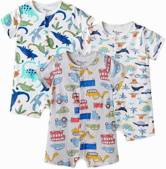 3-Pack 100% Cotton Baby Boy Rompers,0-24Months Short Sleeve Toddler Romper,Breathable Spring/Summer Clothes