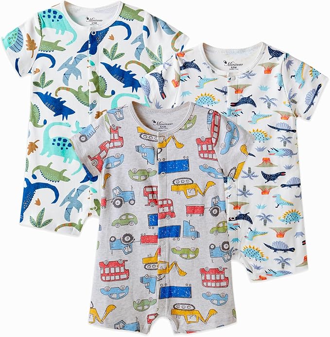 3-Pack 100% Cotton Baby Boy Rompers,0-24Months Short Sleeve Toddler Romper,Breathable Spring/Summer Clothes