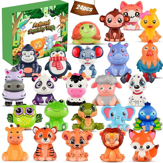 24PCS Party Favors for Kids, Animal Squishy Toys, Goodie Bag Pinata Fillers, Safari Wild Birthday Decorations, Treasure Chest Classroom Prizes,Easter Halloween Christmas Stocking Stuffers Gifts