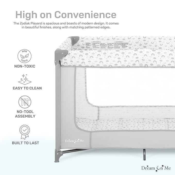 Dream On Me Zodiak Portable Playard in Cool Gray, Lightweight, Packable and Easy Setup Baby Playard, Breathable Mesh Sides and Soft Fabric - Comes with a Removable Padded Mat