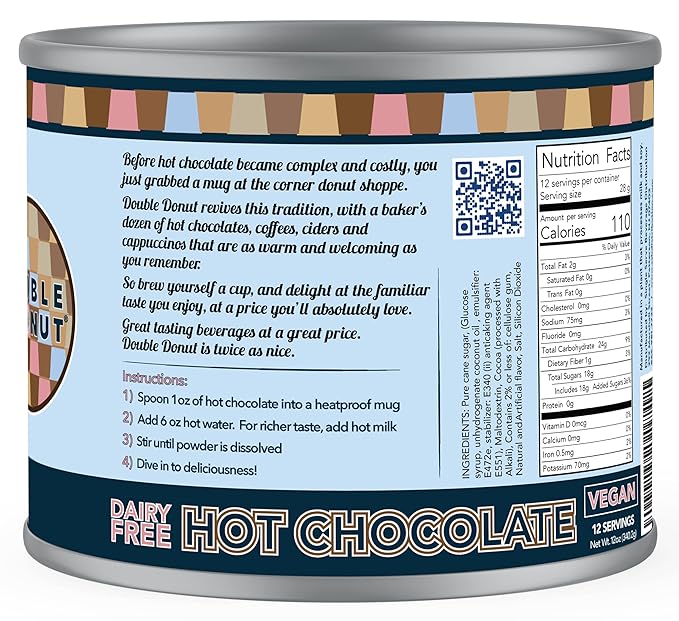 Double Donut Dairy Free Hot Chocolate Mix, Non Dairy Instant Vegan Hot Chocolate Mix, 12 Ounce