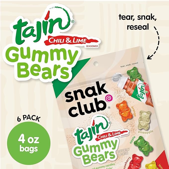 Snak Club Tajin Gummy Bears, Assorted Fruit Candy Gummies with Chili and Lime Seasoning, Mild, Gluten-Free and Vegan Snacks, 4 oz Resealable Bags, 6 Pack