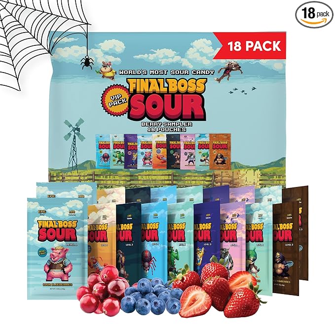 Final Boss Sour Candy Variety Pack, Natural Fruit Chews with Dried Fruit, Cane Sugar & Sunflower Oil, All Sour Levels, Low Calorie Healthy Snack for Kids, Teens, Adults, Lunch Boxes & On The Go, 18 Pack