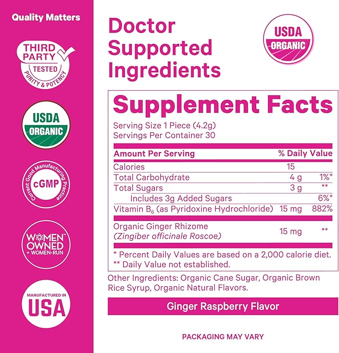 Pink Stork Organic Ginger Raspberry Sweets with Vitamin B6 for Morning Sickness and Motion Sickness, Added Ginger & Vitamin B6, 1st Trimester Pregnancy Must Haves - 30 Wrapped Candies