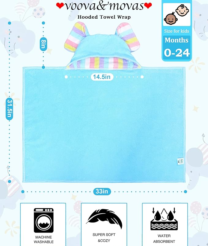 Thick Baby Hooded Bath Towel - 100% Cotton,500GSM, 33x31.5 Inches,0-2Years, Super Absorbent Large Towel with Cute Elephant Ears Hood for Newborn,Toddler,infant,Baby Essentials,Light Blue Blue