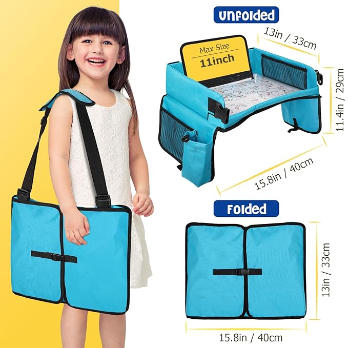 BUENAVO [New Version] Car Seat Organizer Kids Travel Tray for Kids Toddlers Activities in Car Seat, Stroller, Airplane | Waterproof Dry Erase Top | Side Pocket & Water Bottle Holder