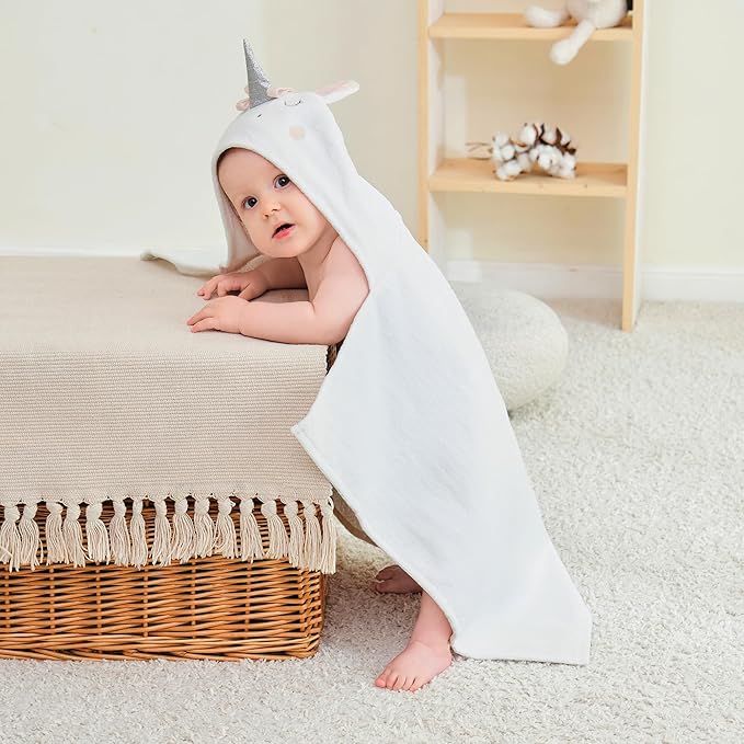 Mooreeke 2 Pack Baby Towels - 100% Cotton Baby Hooded Towels - Soft Baby Bath Towels with Hood for Newborn - Comfort Towels for Baby Girls and Boys - Animal Shaped Design (Puppy & Unicorn)