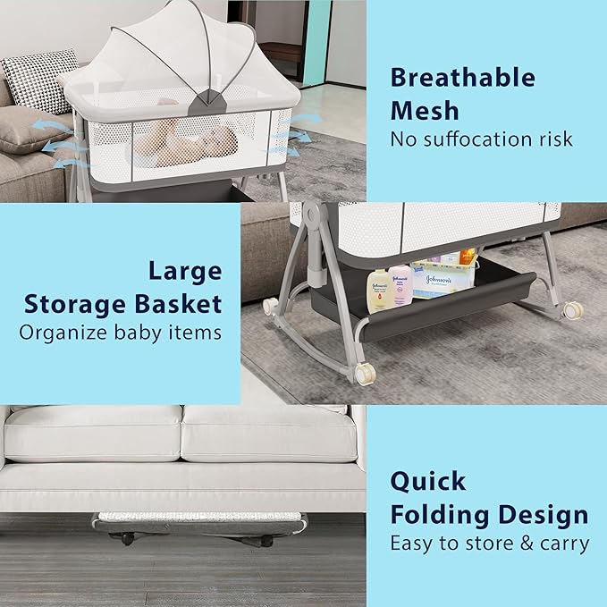 3 in 1 Baby Bassinet Bedside Sleeper with Mattress and Wheels, 5 Height Adjustable Bed Side Bassinets for Newborn, Gray Rocking Bassinet for Baby