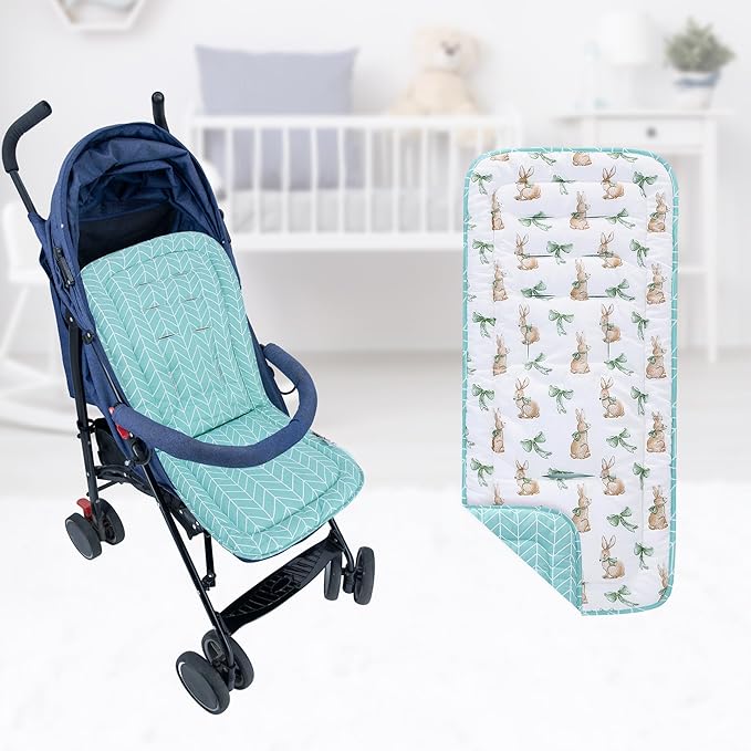 Baby Stroller Cushion,Infant Car Seat Insert-Reversible Universal Breathable and Soft Newborn Stroller Mat,100% Cotton Cover Toddler Seat Pad Liner-34x78cm,1 Pack(Rabbit+Green)