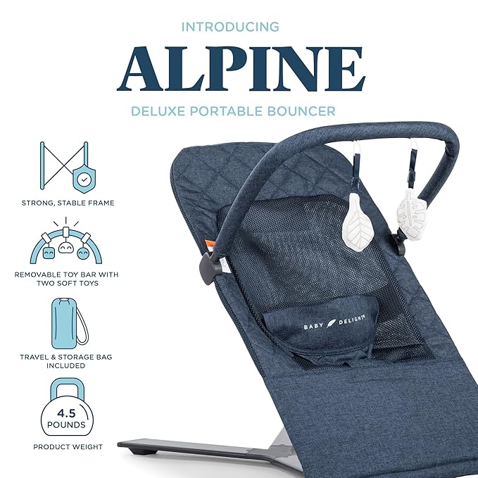 Baby Delight Alpine Deluxe Portable Bouncer, Infant, 0 – 6 Months, Quilted Indigo