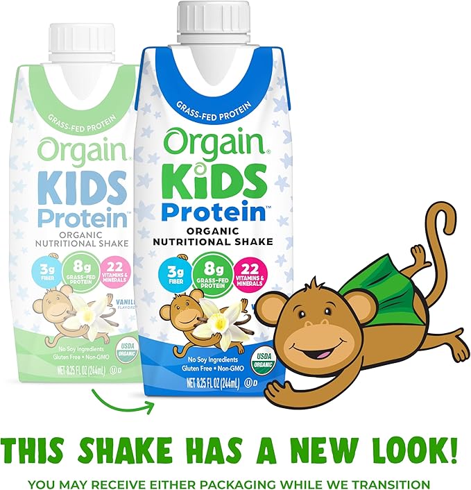 Orgain Organic Kids Protein Nutritional Shake, Vanilla - 8g of Protein, 22 Vitamins & Minerals, Fruits & Vegetables, Gluten Free, Soy Free, Non-GMO, 8.25 Oz, 12 Ct (Packaging May Vary)