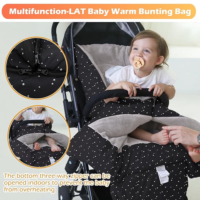 LAT Baby Warm Bunting Bag Universal,Stroller Sleeping Bag Cold Weather,Waterproof Toddler Footmuff(Basic,Black+White Stars)