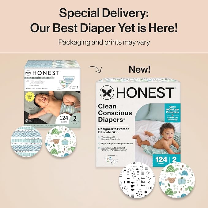 The Honest Company Clean Conscious Diapers for Delicate Skin | Up to 100% Leakproof | Hypoallergenic, Fragrance Free | Gender Neutral | Super Club Box, Size 2 (12-18 lbs), 124 Count (Prints May Vary)