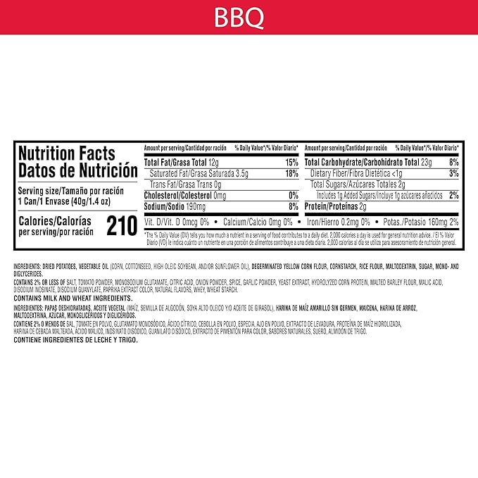 Pringles Potato Crisps Chips, Lunch Snacks, Office and Kids Snacks, Grab N' Go, BBQ (12 Cans)