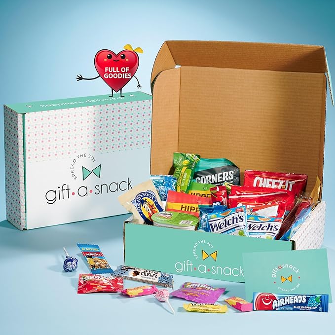 Gift A Snack - Back to School/Off to College Snack Box Variety Pack Care Package + Greeting Card (100 Count) Birthday Sweet Treats Gift Basket, Candies Chips Crackers Bars, Office Food Assortments