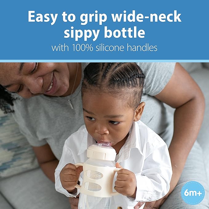 Dr. Brown's Milestones Wide-Neck Sippy Spout Bottle with 100% Silicone Handles, Easy-Grip Handles with Soft Sippy Spout, 9oz/270mL, Ecru, 1-Pack, 6m+