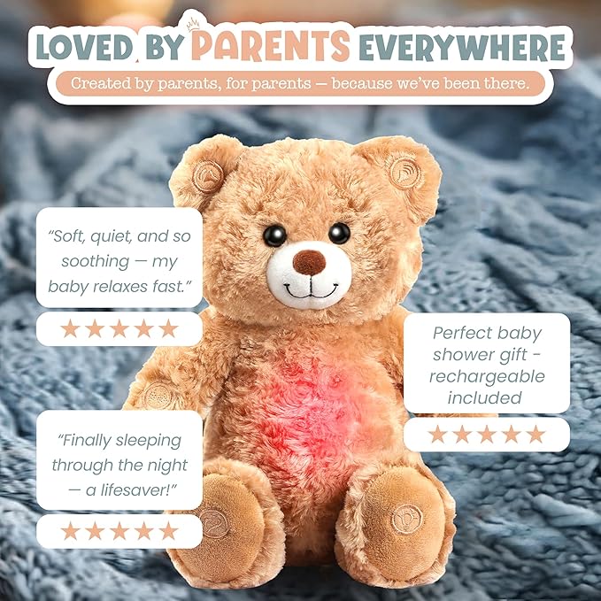 Gemma Joy Baby Sleep Soother Teddy Bear for Baby – Cry Activated Heartbeat Stuffed Animal – Rechargeable Crib Soother with White Noise, Shush, Lullabies & Night Light – Newborn Essentials Must Haves