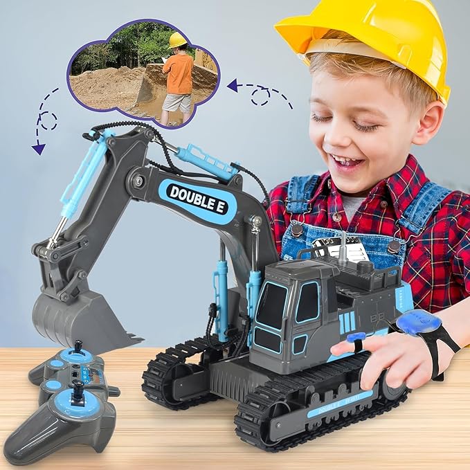 DOUBLE E Remote Control Excavator Toy RC Excavators Rechargeable Battery Digger Hydraulic Construction Toys Vehicles Xmas Gift for Boys Girls Kids 3-14 Years，Gray-Blue