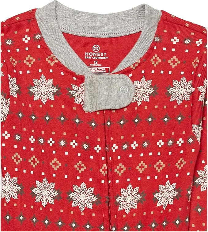 HonestBaby Non-Slip Footed Holiday Pajamas One-Piece Sleeper Zip-Front PJs Organic Cotton for Baby Boys, Girls, Unisex