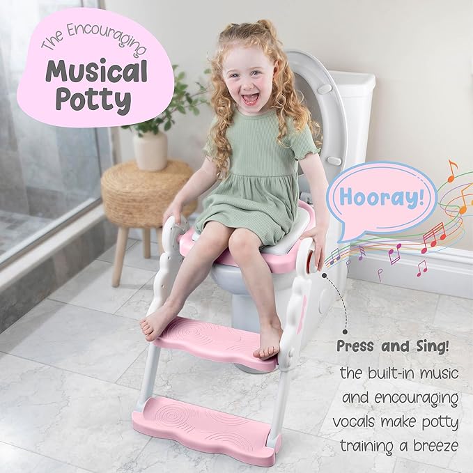 Musical & Sound Toddler Potty Training Seat w/Step Stool Ladder - Collapsible & Adjustable Toilet, Pre Assembled Toddler Toilet Seat w/Music & Sounds - Splash Guard & Anti-Slip Steps - Pink