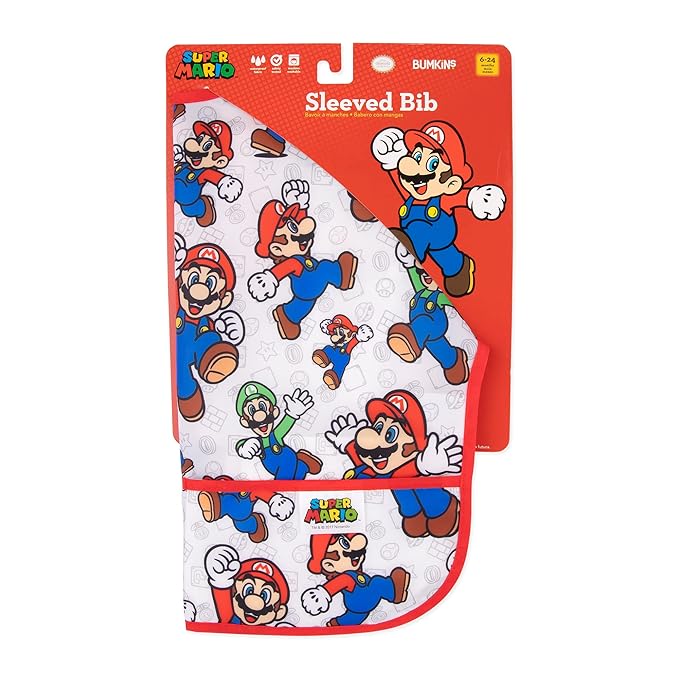 Bumkins Bibs, Baby and Toddler Girls and Boys 6-24 Months, Long Sleeve, Essential Must Have for Eating, Feeding, Mess Saving Lightweight Waterproof Fabric Sleeved Smock, Nintendo Mario and Luigi