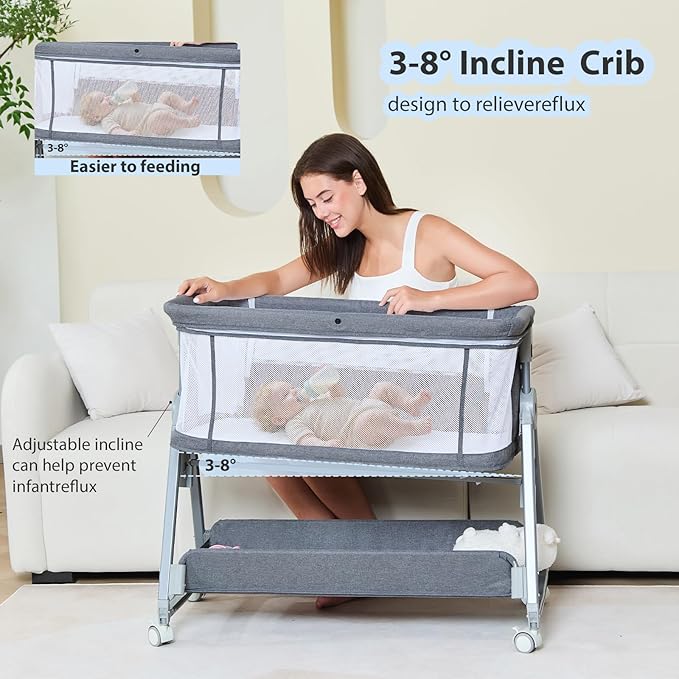 3-in-1 Baby Bassinet Bedside Sleeper with Wheels Bedside Bassinet for Newborn and Infant with Mattress and Storage Basket | Adjustable Height & Angle (13.5-18") | ASTM/CPSIA Certified (Grey)