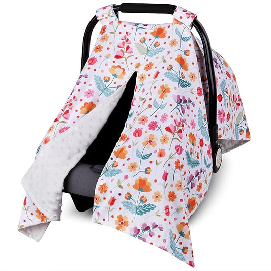 Metplus 2 in 1 Flowers Baby Car Seat Cover, Car Seat Canopy for Babies, Mom Multiuse Nursing Cover, Minky Baby Carrier Covers, Newborn Boy Girl, Peekaboo Opening