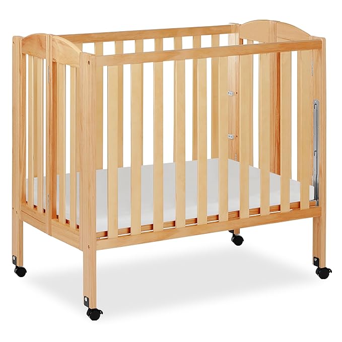 Dream On Me 3 in 1 Portable Folding Stationary Side Crib in Natural, Greenguard Gold Certified, Safety Wheel with Locking Casters, Convertible, 3 Mattress Heights