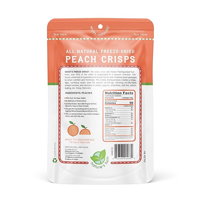 Nature’s Turn Freeze-Dried Peach Crisps – Healthy, Gluten-Free, Crispy & Delicious, Plant-Based Snack, Ideal for Cereal, Smoothies, School Lunches, & On-the-Go, Pack of 6 (0.53 oz Each)