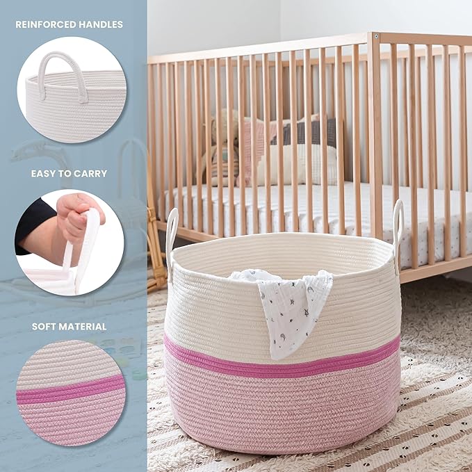 OrganiHaus Boho Woven Basket for Blankets and Laundry, Decorative Large Storage Bin for Living Room, Nursery Basket for Toys & Clothes, Soft Cotton Rope with Handles 20x13 inches - Striped Pink