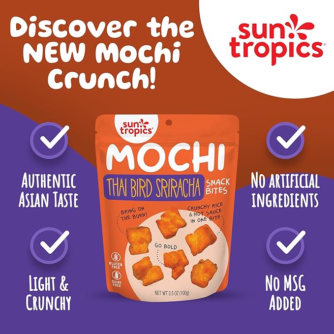 Sun Tropics Mochi Snack Bites, Thai Bird Sriracha Flavor- 3.5 oz (6 Pack)| Crispy Spicy Mochi Bites, Rice Nuggets | Mochi Puff Rice Crackers- Gluten Free & Dairy Free- No MSG Added | Asian Rice Snacks
