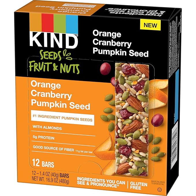 KIND Seeds Fruit & Nuts Snack Bar, Orange Cranberry | 5g Protein, High Fiber, Gluten Free Bars, 1.4 OZ, 12 Count