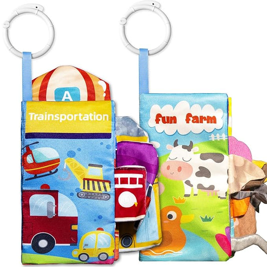 Soft Book Toys for Babies 0-18 Months, 2PCS Crinkle Cloth Books – Farm Transportation Themes, Tails Sensory Book with Rings for Hang, Montessori Early Learning Infant Toy for 0-6-12-18 Month