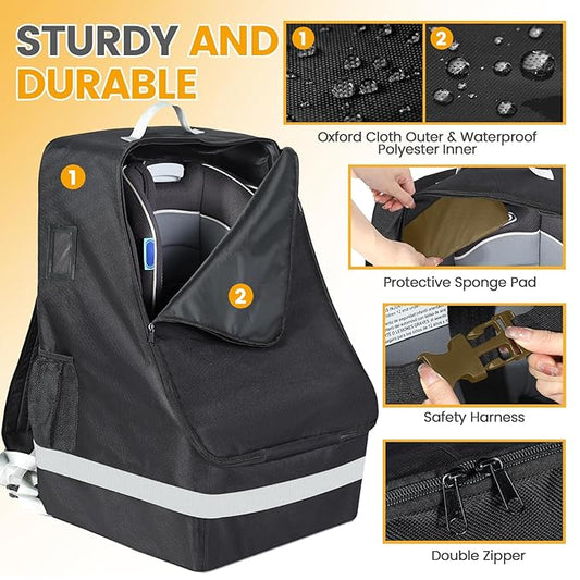 Orzbow Padded Car Seat Travel Bag for Airplane, Carseat Backpack Bags with Reflective Stripes, Infant Seat Travel Bag with Shoulder & Waist Strap, Car Seats Carrier for Airport Gate Check, Black