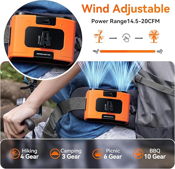 20000mAh Personal Waist Fan, USB Rechargeable Clip The Waist For Working,10 Speed & 40H Cooling and Heatstroke Prevention For Outdoor Travel Camping (K60-orange, 24000mAh)