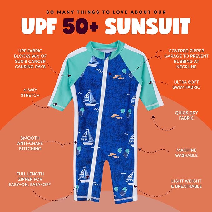 SwimZip Boys' Long-Sleeve UPF 50+ Swimsuit for Baby, Toddler, & Little Boys