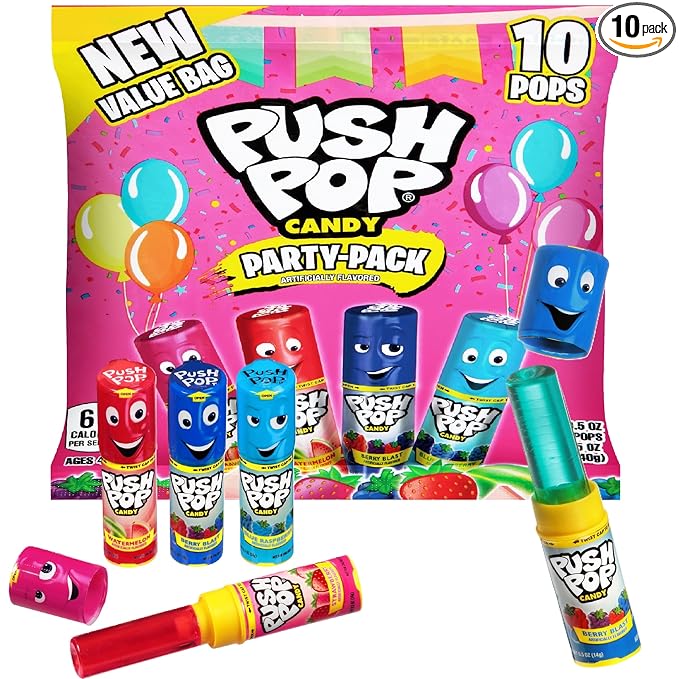Push Pop Lollipops, Hard Candy Variety Pack, 10 Count Lollipops Individually Wrapped in Fruity Flavors, Full Size, Fun Candy For Pinatas, Birthdays, Party Favors & Gifts for Kids