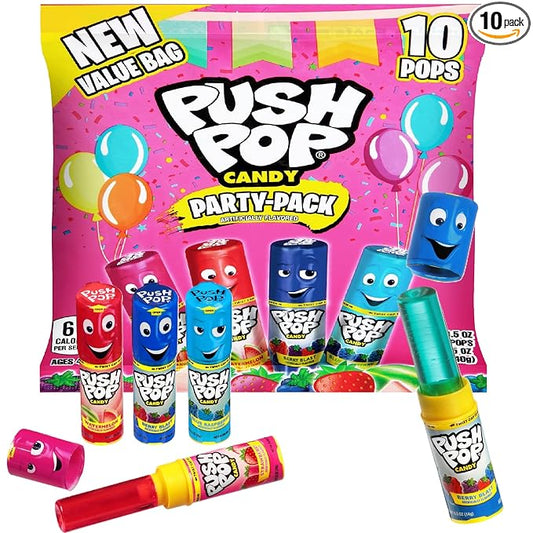 Push Pop Lollipops, Hard Candy Variety Pack, 10 Count Lollipops Individually Wrapped in Fruity Flavors, Full Size, Fun Candy For Pinatas, Birthdays, Party Favors & Gifts for Kids