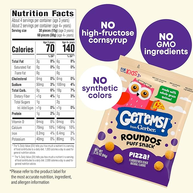 Get'ems! from Gerber, Snacks for Kids, Pizza Roundos Puffs, Made with Whole Grain Quinoa, Calcium to Support Strong Bones - 5 pack