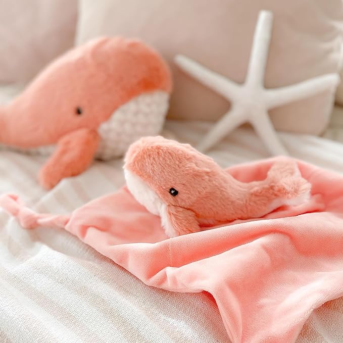 MON AMI Coral Whale Plush Lovey for Babies – 13.5” | Knotted Security Blanket for Newborns
