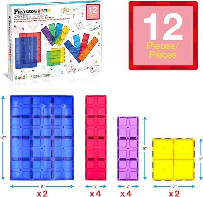 PicassoTiles 12pc Supersized Magnetic Building Tile Base Plate Jumbo XL Foundation Stabilizer Boards STEM Engineering Construction Kit for Kids Educational Learning Toy Magnet Blocks Stacking Set PT12