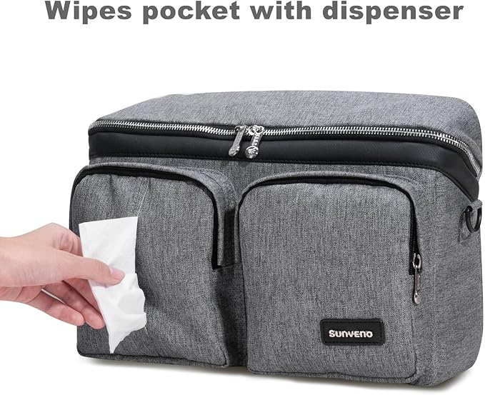 SUNVENO Universal Stroller Organizer Caddy, 2 Cup Holders, Multiple Pockets & Shoulder Strap — Fits Most Strollers