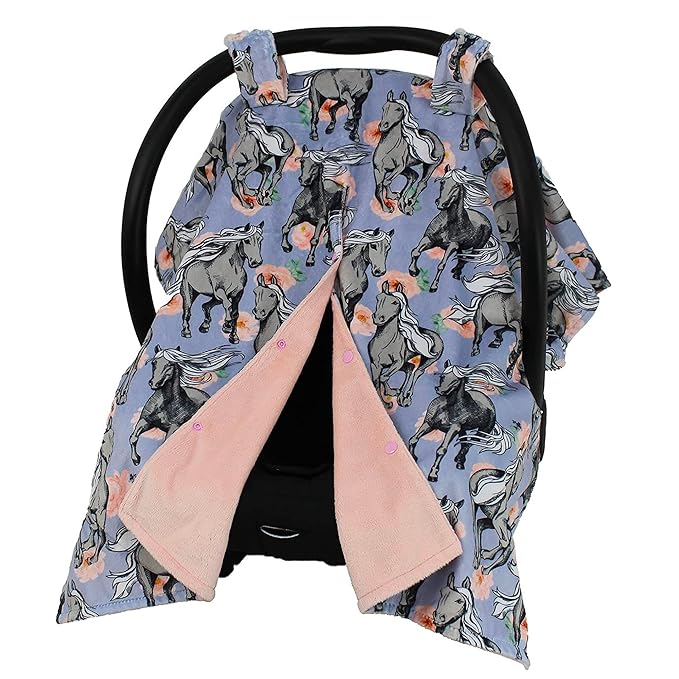 Dear Baby Gear Car Seat Cover for Boys & Girls - Baby Carseat Canopy w/Snap Opening - Infant Seat Cover - Stroller & Nursing Covers - Newborn Carrier Canopy - 40x30(Gray Horses Lavender Pink Floral)