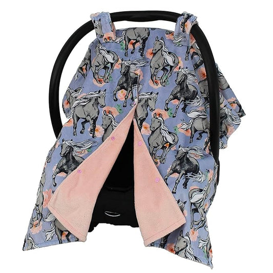 Dear Baby Gear Car Seat Cover for Boys & Girls - Baby Carseat Canopy w/Snap Opening - Infant Seat Cover - Stroller & Nursing Covers - Newborn Carrier Canopy - 40x30(Gray Horses Lavender Pink Floral)