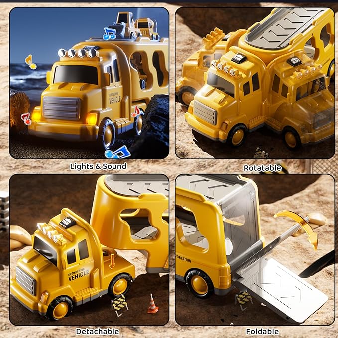 Construction Truck Toys Set for Kids Aged 1 2 3 4 5 6 7 8, Truck Playset with Toy Cars, Light and Sound, Movable Parts Construction Toys for Toddlers, Birthday Gifts for Boys Girls 2-4 4-7