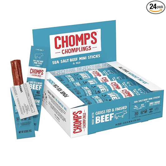 Chomps Snack Size Grass-Fed and Finished Sea Salt Beef Jerky Snack Sticks 0.5oz 24-Pack - Keto, Paleo, Whole30, 4g Lean Meat Protein, Gluten-Free, Zero Sugar Food, Non-GMO Chomplings